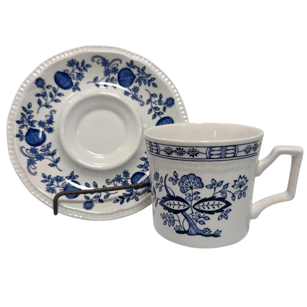 Kensington England Ironstone Blue Onion Tea Cup and Saucer Set Handcrafted